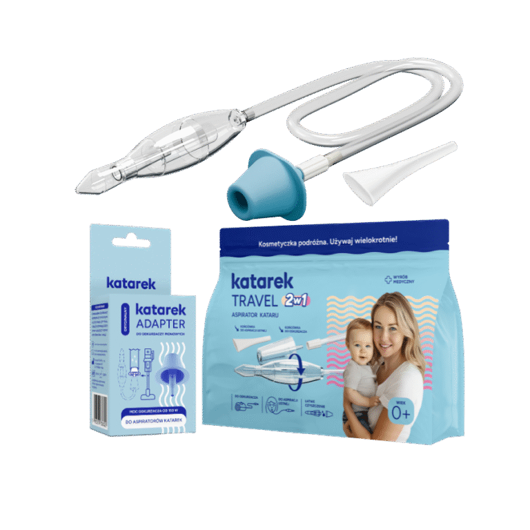 Zestaw zawiera katarek Travel aspirator kataru dla dzieci oraz adapter do odkurzaczy pionowych