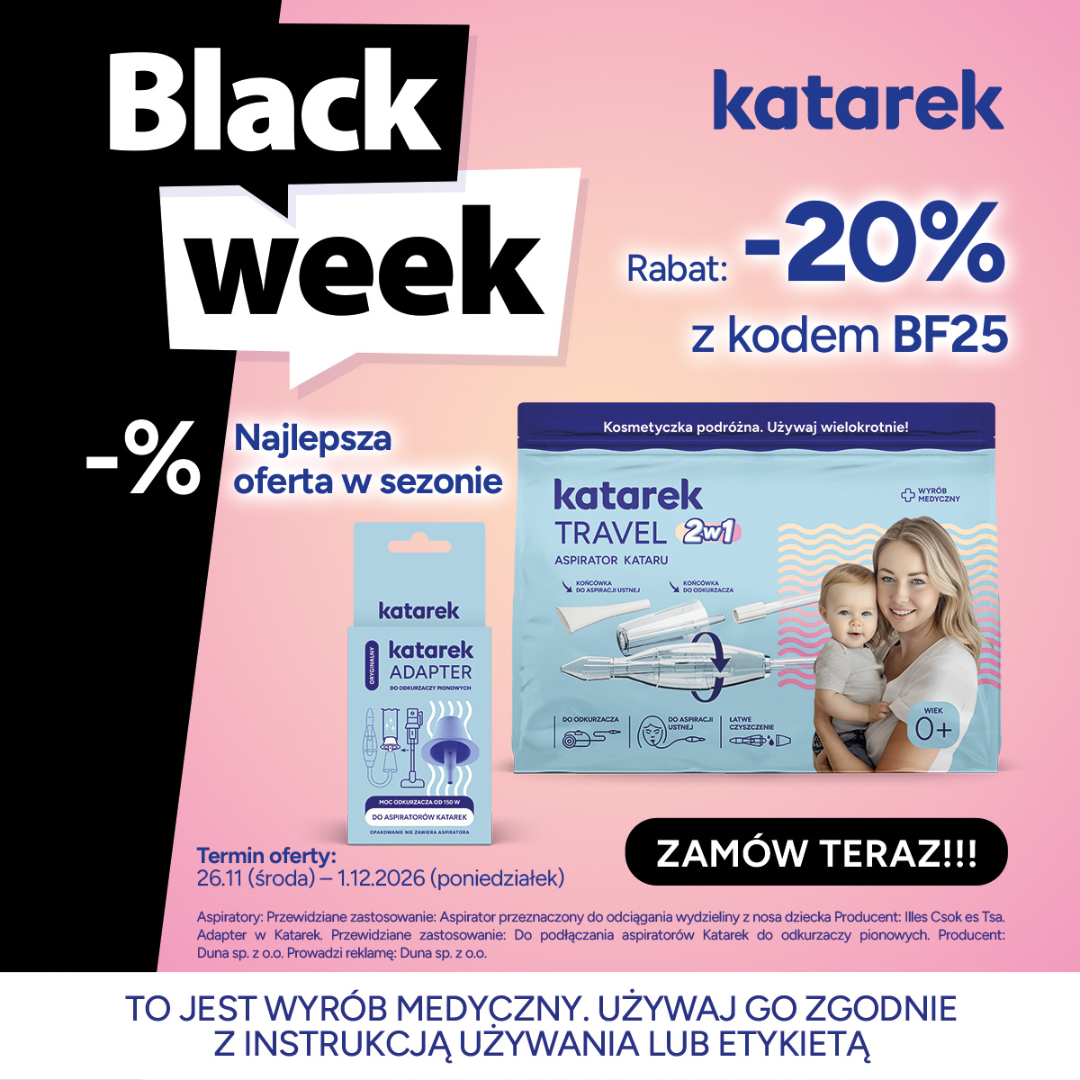 Na Black Week -20% na zestaw Katarek Travel aspirator kataru 2 w 1 + Adapter Katarek do odkurzaczy pionowych! Tylko do poniedziałku 01.12.2025 To okazja
